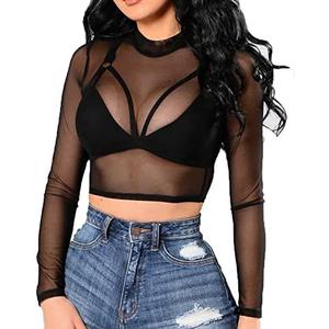 BelleLovin Women's Sheer Mesh Long Sleeve Crop Top Sexy Tee Blouse XL