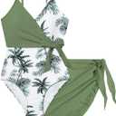 Girls Swimsuit One Piece Bathing Suit Tropical Floral with Adjustable Straps Girls'Swimwear with Cover Up 9-16T (15-16 Years, White+green)