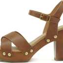 Soda MIGUEL ~ Women Crisscross Band Fashion Chunky Platform Block Mid Heel Sandal with Ankle Strap and Stud (Size 6, Tan Pu)