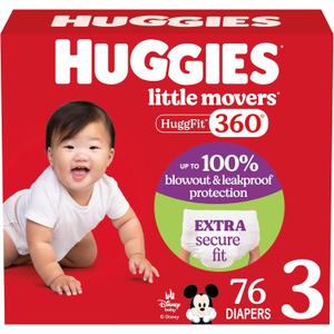 Huggies Size 3 Baby Diapers, Little Movers HuggFit 360 Baby Diapers with 360 Waistband, Size 3 (16-28 lbs), 76 Count, Packaging May Vary