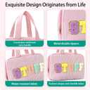 Travel Toiletry Bag for Women Chenille Letter Cosmetic Bag Fashion Stripes Water-resistant Makeup Bag with Hanging Hook for Store Toiletries Cosmetic Accessories Medium Pink