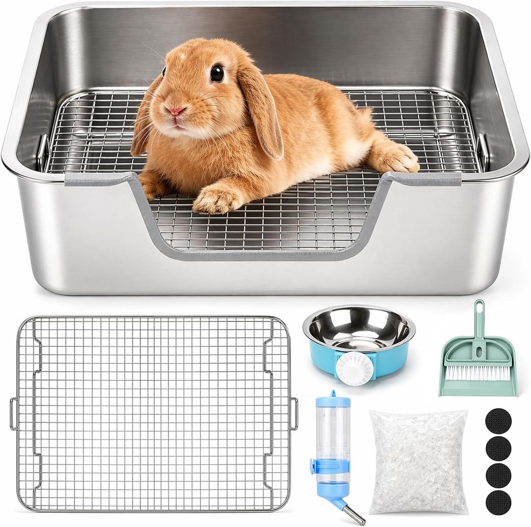 Rypet Large Rabbit Litter Box, Bunny Litter Box High Side with 304 Stainless Steel Sifting Tray, Metal Small Animal Litter Pan with Pet Food Bowl and Water Bottle, Non-Slip Easy to Clean Odor Control (S(15.8"11.8"5.9"))