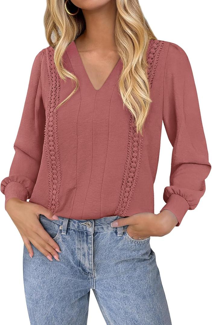 dowerme Womens Tops 2026 Spring V Neck T-Shirts Long Sleeve Shirts Lace Crochet Work Blouses Dressy Casual Loose Tunics (M)