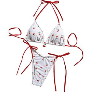 WDIRARA Women's 2 Piece Swimsuit Cherry Print Bikini Set Halter Triangle Bikini Side Tie String Bathing Suits. M