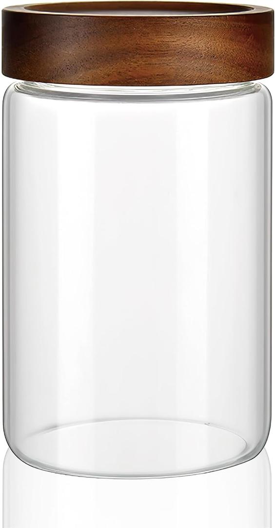 28 fl oz/850 ml Clear Glass Storage Canister with Airtight Wooden Screw Lid, Medium Cute Decorative Glass Container Jar for Coffee,Candy,Salt,Cookie,Condiment,Pepper,Sugar,Overnight Oatmeal