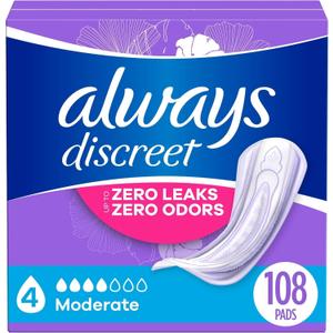 Always Discreet Adult Incontinence Pads for Women, Moderate Absorbency, Regular Length, Postpartum Pads, 108 CT (Packaging May Vary)