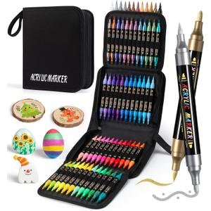 Dual Tip Acrylic Paint Markers, Paint Pens with Fine Tip and Brush Tip Pens, Coloring Markers No Bleed, for Paper, Pottery, Stones, Backpacks, Glass, Eggs, Fabrics, Plastics, Handicrafts