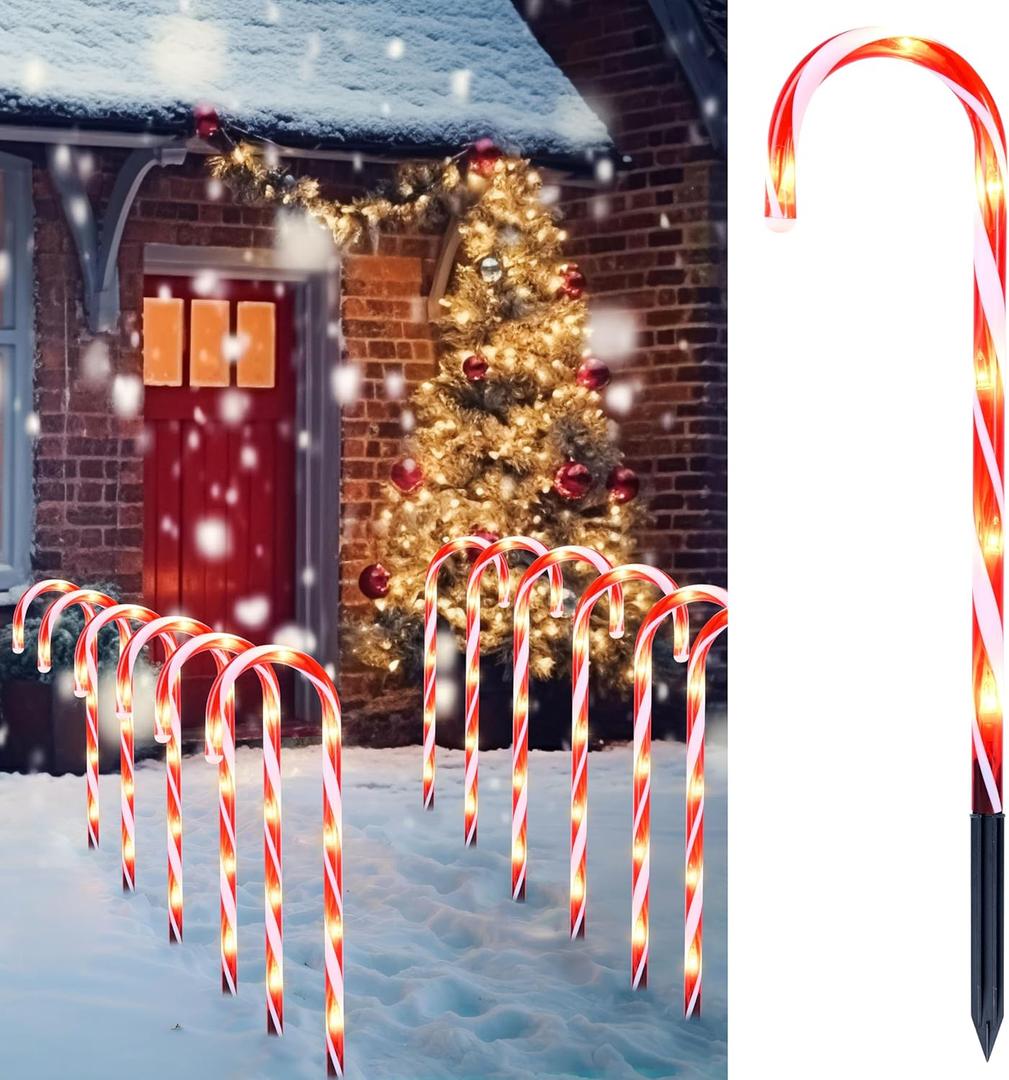 Joiedomi 12 Pcs Christmas Candy Cane Pathway Markers Lights, 16 Stakes Lights With Warm White, Waterproof Outdoor Decorations for Xmas Indoor And Outdoor Decorations Yard, Walkway, Lawn, Garden