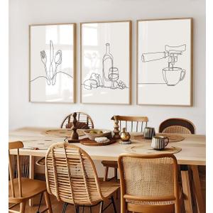3Pcs Line Drawing Kitchen Wall Art, Modern Black White Minimalist Kitchen Abstract Line Art Posters Prints Dining Room Wall Decor Canvas Paintings Pictures Home Decoration, Unframed (line art, 12x16in (16L" x 12W")