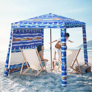 Jihfmo Beach Cabana, 6.2'×6.2' Beach Canopy with Side Wall, UPF 50+ UV Protection Easy Setup Tent Sun Shelter with Sand Pockets for Whole Family (Summer Sailboat)