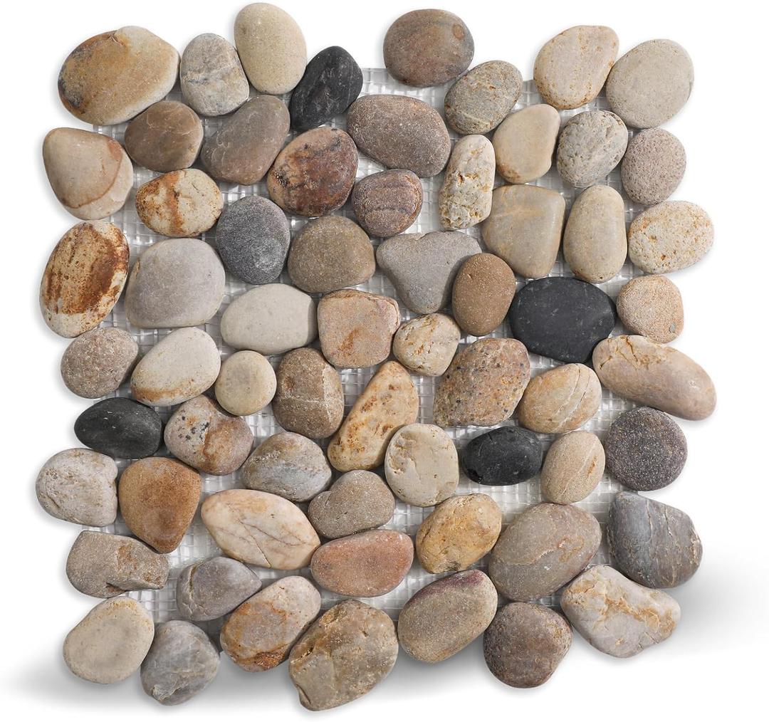 Stone Pebble Mosaic Tile, 12" x 12" Tumbled Stone Backsplash Tiles for Bathroom Kitchen Shower Floors and Wall Decor and Outdoor Areas, Pack of 5