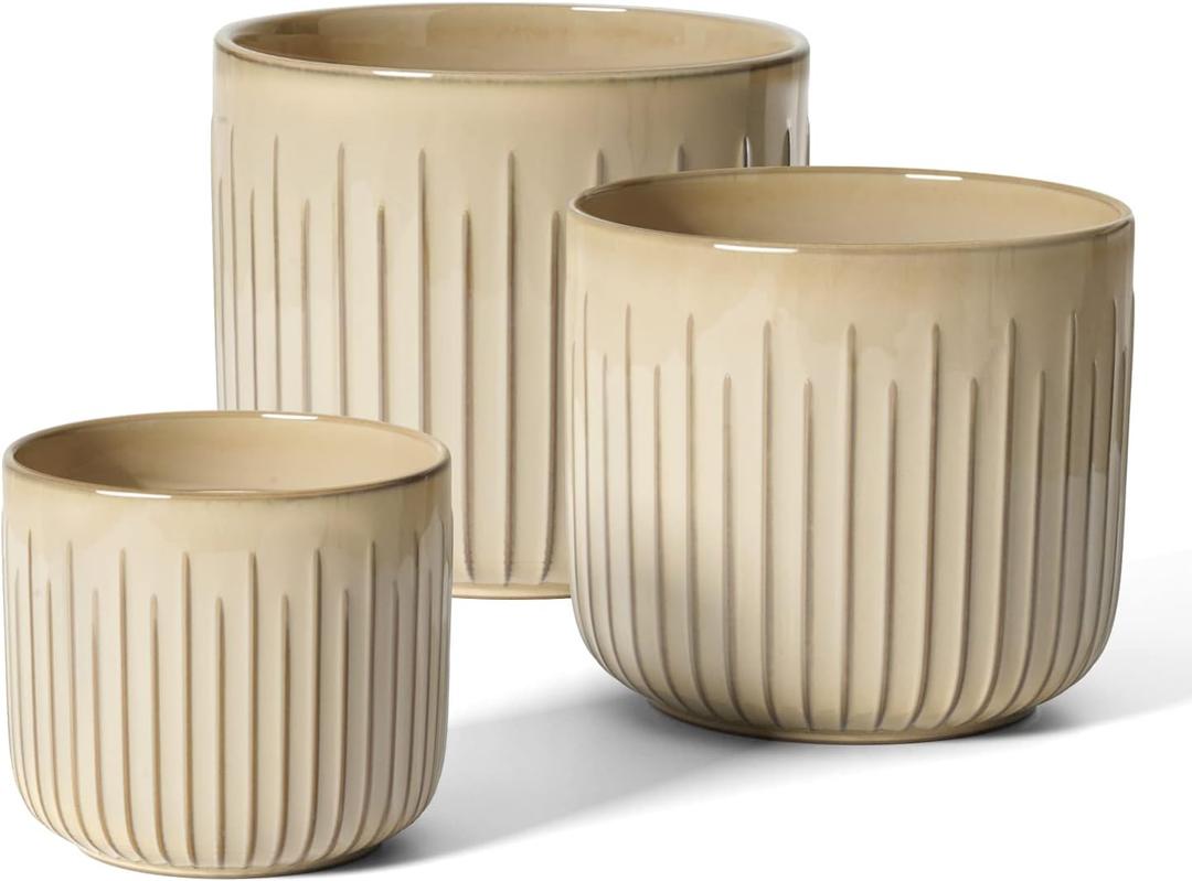 LE TAUCI Ceramic Planters, 8.3+6.9+5.7 Inch Plant Pots for Indoor Plants, Sturdy Planter Pots with Drainage Holes, Round Planters Pot for Indoor House Plants, Set of 3, Glaze Cloud Cream