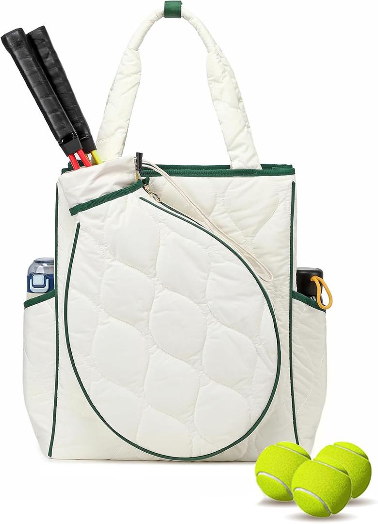 2-in-1 Tennis Tote Bag & Tennis Racket Backpack  Extra-Large Quilted Pickleball Racquet Bags, Water-Resistant & Lightweight for Men & Women (White)