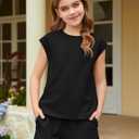 ZDC Girls Summer Outfits Casual Lounge Set Cap Sleeve T Shirt and Elastic Waist Shorts 2 Piece Clothing Sets (Black)