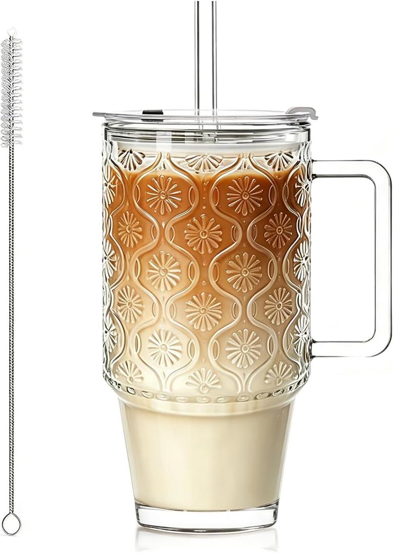 KEMORELA 24 Oz Ribbed Glass Tumblers with Lids and Straws, Tumbler Cup with Handle, Iced Coffee Glassware, Clear Reusable Drinkware for Smoothies and Beverages(1)