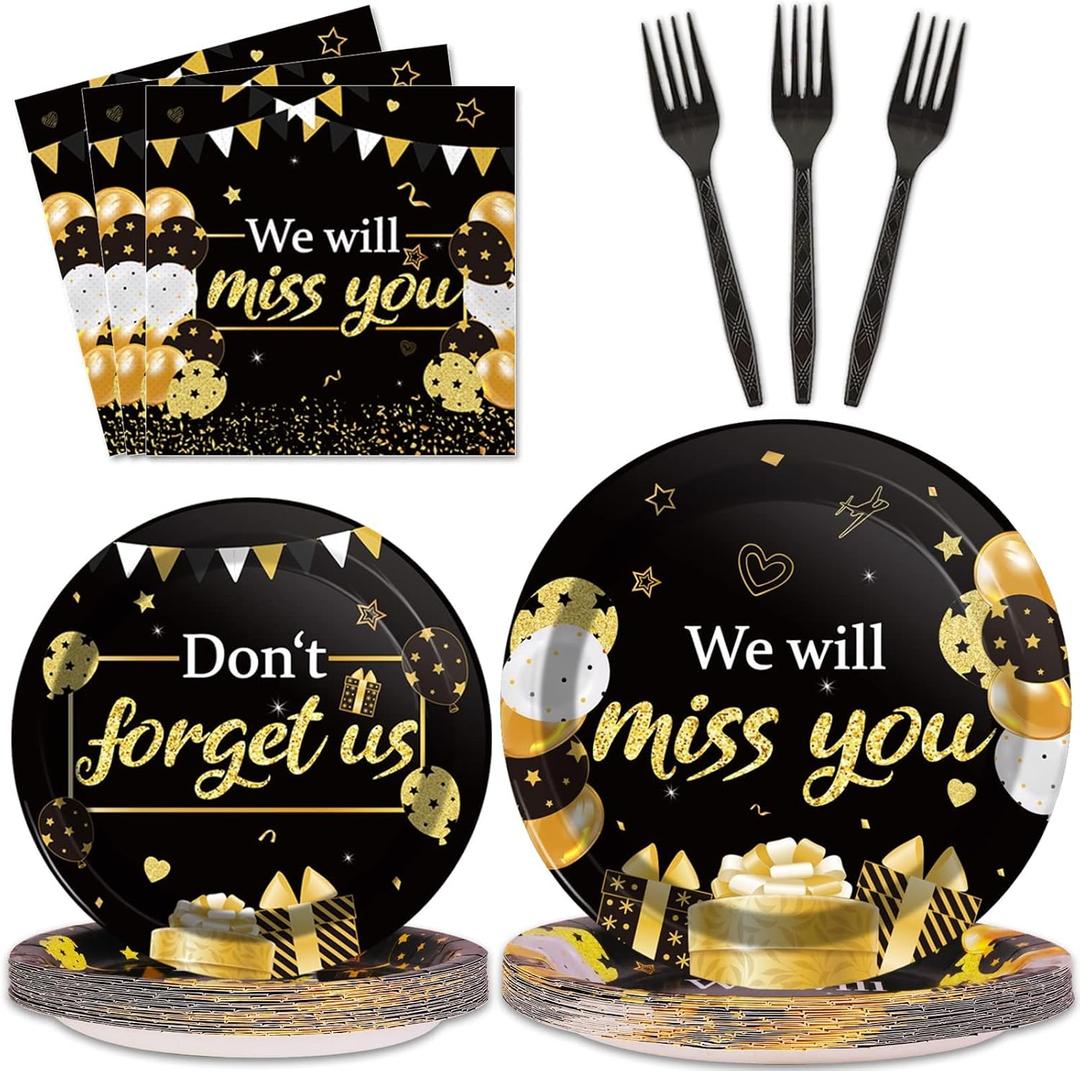96pcs We Will Miss You Party Paper Plates Napkins Farewell Party Decoration Going Away Party Disposable Dinner Tableware Gold Black Goodbye Party Supplies Graduation Leaving Retirement Party 24 Guests