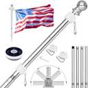ZMTECH 5FT Flag Pole for Outside House with Solar Light, Tangle Free Stainless Steel Flag Pole Kit, 180 Adjustable Flag Pole Holder & Flag Holder Bracket, Silver (No Flag)