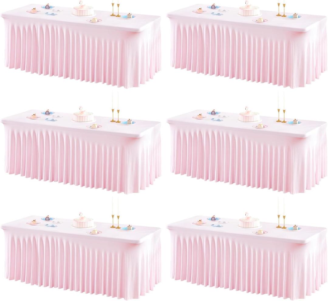 6 Packs Pink Table Clothes for 8 Foot Rectangle Tables, One-Piece Wrinkle Resistant Stretch Spandex Table Covers with Skirt for Event Banquet Wedding Birthday Party
