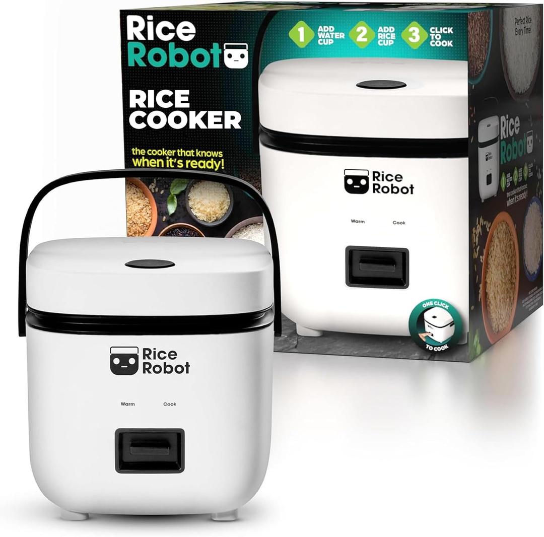 Rice Robot Personal Rice Cooker, PFAS-free, Nonstick. 1 Quart Capacity, with Stainless Steel Steamer Tray, Measuring Cups, Recipe Book with 60 Recipes, and Serving Spoon, 