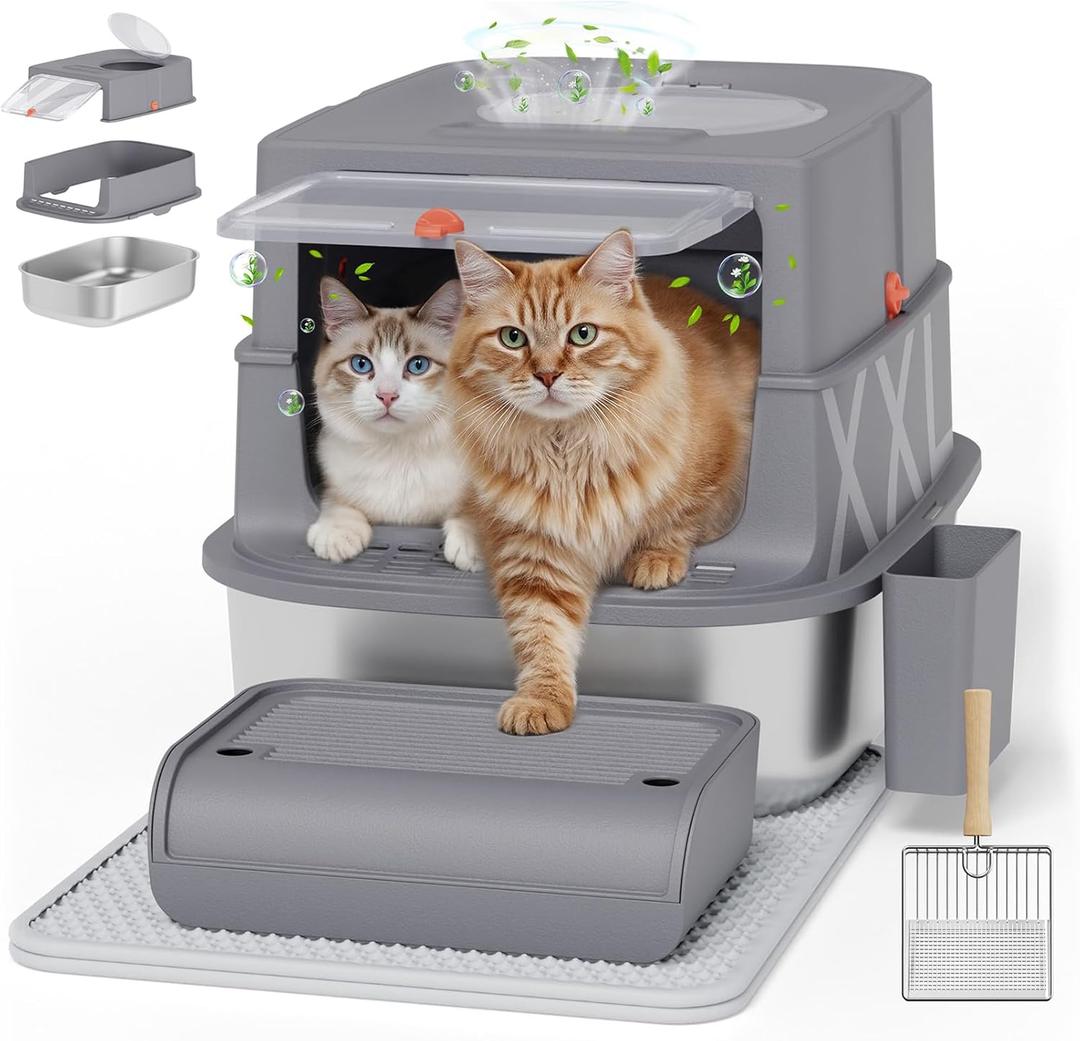 XXL Stainless Steel Covered Cat Litter Box with Lid  Extra Large Enclosed Metal Litter Box for Big Cats, Leak-Proof, Odor Control, Top Exit, Scoop, Pedal & Non-Slip Mat, Easy to Clean