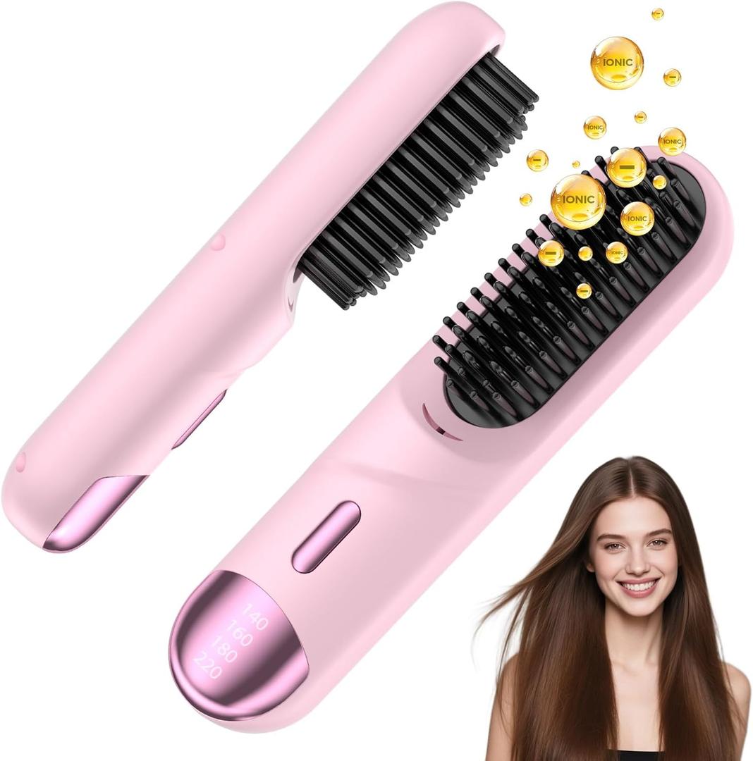Go Brush Pro for Short Hair 2026 Hair Straightener Brush 300M Negative Ions, Portable Mini Hair Straightening Comb for Women with 4 Temps Fast Heating Smooth Frizz Hair Travel Gift Pink