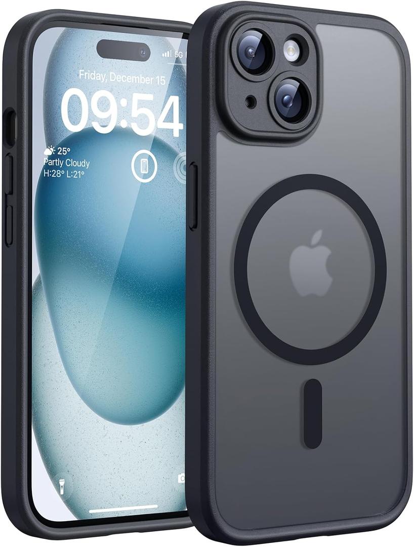 TOCOL for iPhone 15 Case, Full Camera Protection, Built-in Magnetic Ring, Compatible with Magsafe, Drop Protection, Translucent Matte Phone Case for iPhone 15 6.1 inch (Black)