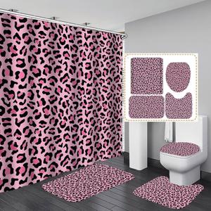 4PCS Pink Leopard Print Shower Curtain Set with Rugs, Toilet Lid Cover and Bath Mat, Shower Curtain with 12 Hooks, Durable Shower Curtain for Bathroom Set