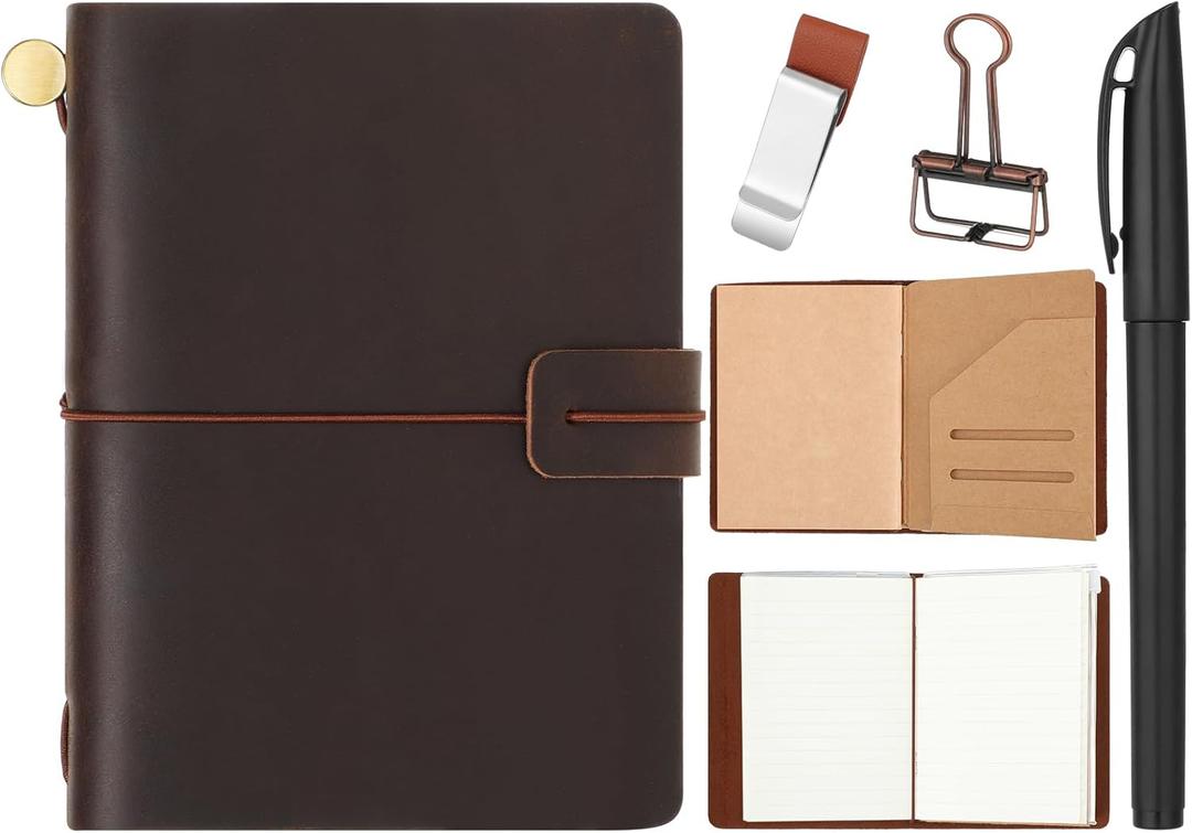 Thenshop Travelers Refillable Leather Journal Notebook Travel Diary Handmade Passport Travelers Journal for Men and Women with 3 Notebook Inserts, Pen Holder, Binder Clip (Brown, Passport Size)