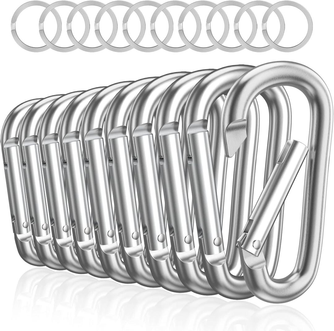 sprookber 3" Aluminum Carabiner D Ring, Caribeener Clips, Spring Snap Hook for Keychain Clip, Set of 10 (Silver)