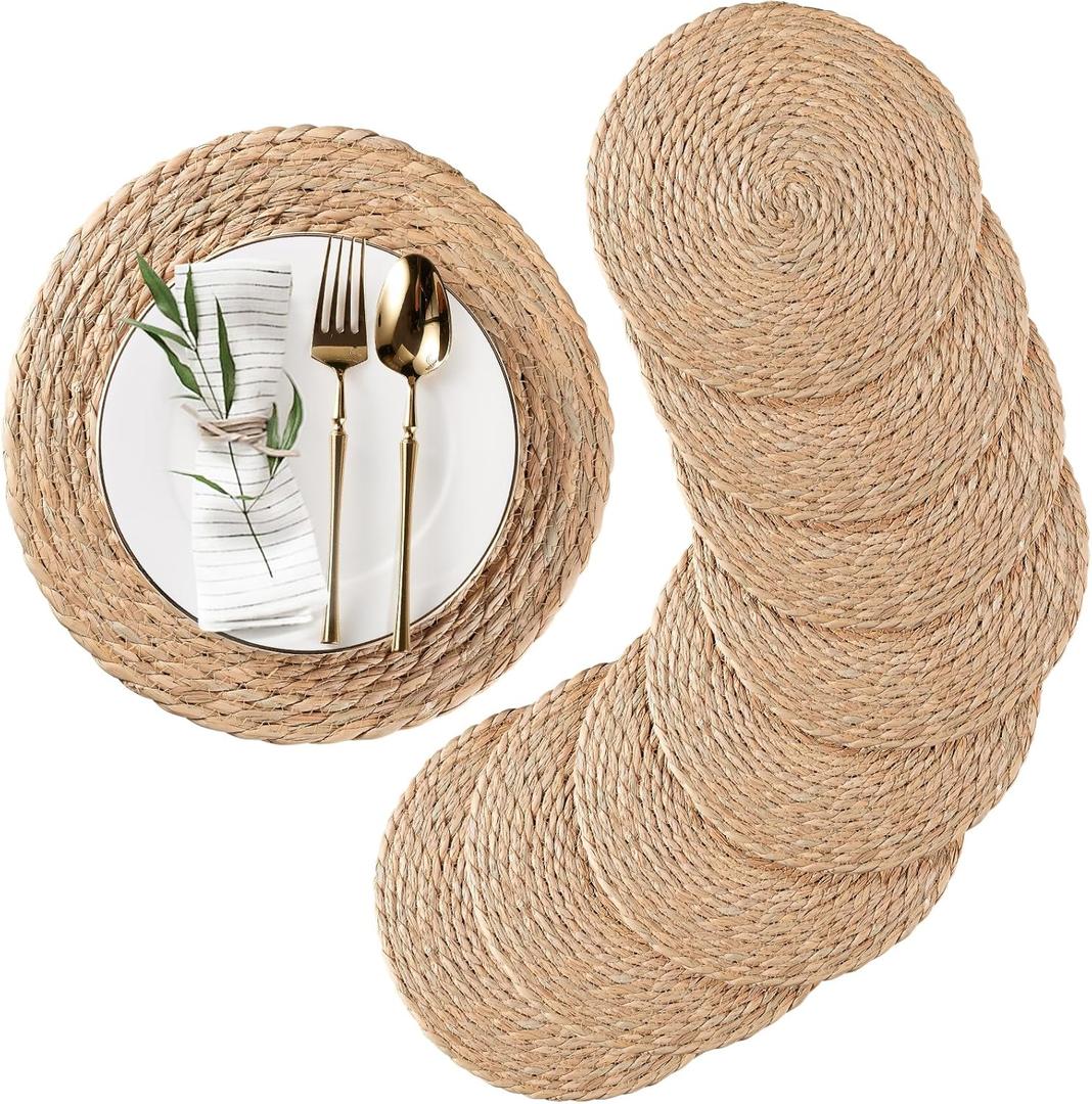 Round Woven Placemats Set of 8, Natural Water Hyacinth Place mats, Rattan Placemats Wicker Placemats Farmhouse Boho Braided Heat Resistant Outdoor Placemat Patio Table Place Mats (13 inch Set of 8)
