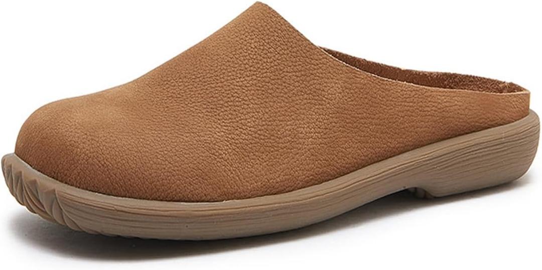 Women's Genuine Leather Rubber-Soled Non-Slip Mules, Casual Soft Leather Flat Slingback Comfory Half Loafers Causal Slippers for Work Walking (5, Brown)