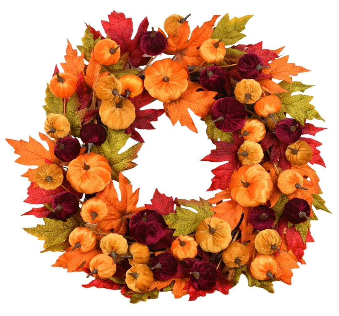 15 inch Thanksgiving Fall Wreath, Eucalyptus Berries Pumpkins Lamb Ears Leaves Autumn Wreaths for Front Door, Fall Decor, Porch Wall, Home Outdoor Holiday Decorations Wreath for Autumn