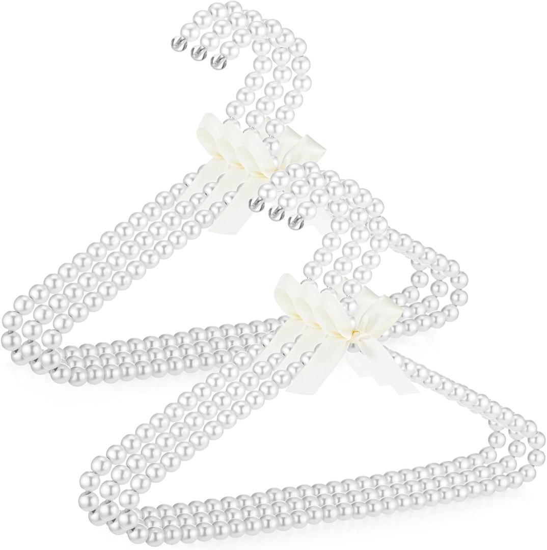 Threan Pearl Beaded Clothes Hanger Mini Pearl Beads Small Metal Clothes Hangers with Ribbon Standard for Kids Baby Children Pet Dog(White,6 Pcs)