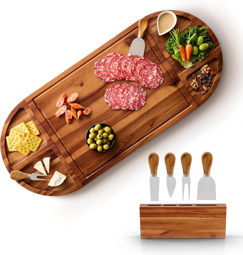 30 inch Large Acacia Wood Charcuterie Board with 4 Knives Set, Magnetic - 3 Parts Wooden Round Tray for Cheese - Long Appetizer Board for Serving Food Platter Cracker Snack