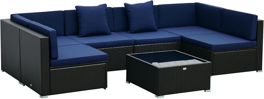 Outsunny 7-Piece Patio Furniture Sets Outdoor Wicker Conversation Sets All Weather PE Rattan Sectional Sofa Set with Cushions & Tempered Glass Desktop, Dark Blue (Dark Brown and Light Blue)