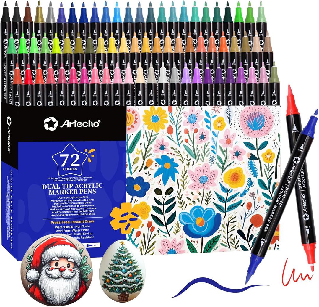Artecho Acrylic Paint Markers 72 Colors, Acrylic Paint Pens with Brush Tip and Fine Tip for Stone, Rock Painting, Paper, Pumpkin, Wood, Egg, Canvas, Ceramic, Fabric, leather, Glass, DIY Crafts