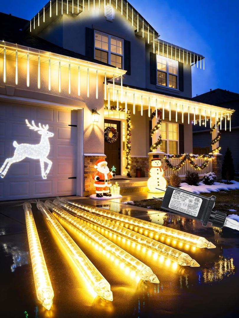 Flacchi Meteor Shower Icicle Lights - 5 Tubes 20" Each 270 LED Cascading Raindrop Lights, Timer Outdoor Waterproof Christmas Decorations for Holiday Party(Warm White)