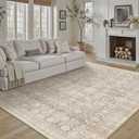 6x9 Beige Washable Neutral Area Rug Living Room Floral Non Slip Low Pile Throw Rug Vintage Traditional Stain Resistant Carpet Bedroom Kitchen Dining Room Office Playroom