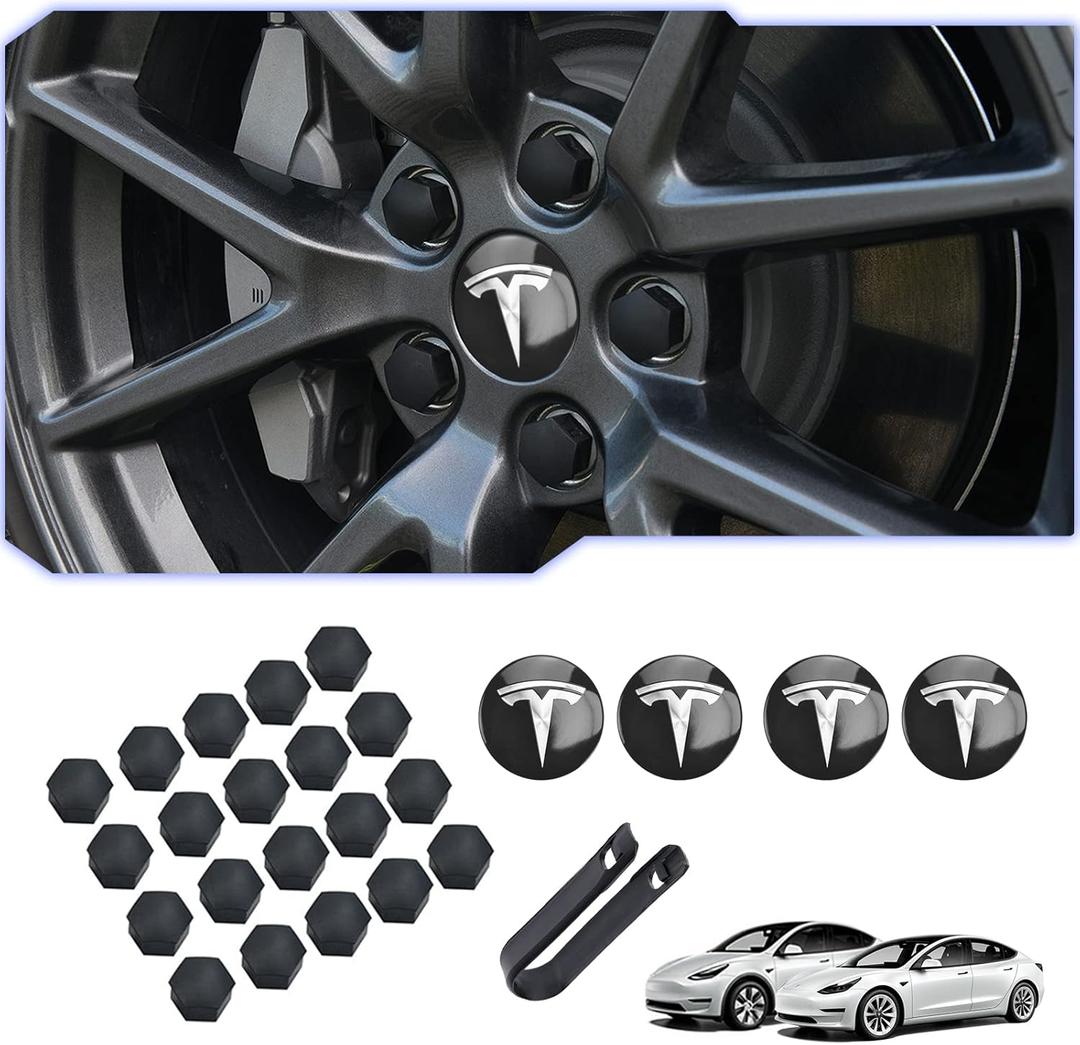 Black & Silver Car Wheel Center Cap Kit Compatible for Tesla 3 & Model Y  4 Hub Center Caps + 22 Lug Nut Covers