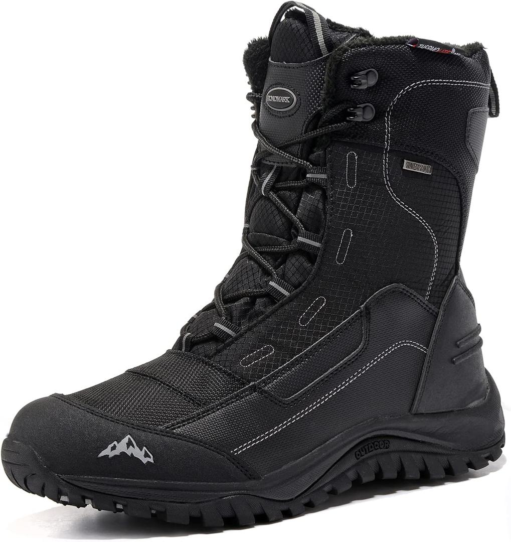 ROCKMARK Men's Winter Snow Boots Outdoor Warm Mid Calf Waterproof Durable Boot Non-Slip Warm Climbing Shoes (12, Black)