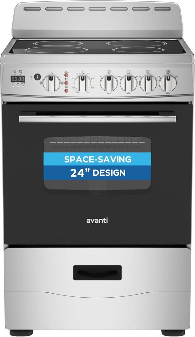 Avanti 24-Inch Freestanding Electric Range with Ceramic Glass Cooktop and Digital Timer, in Stainless Steel (CERU240P3S)
