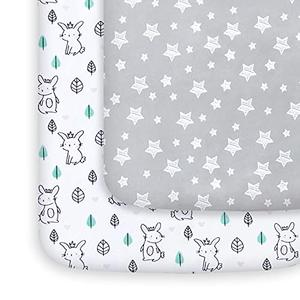 Moonsea Pack and Play Sheets, 2 Pack Mini Crib Sheets, Stretchy Playard Fitted Sheet, Compatible with Graco Pack n Play, Soft and Breathable Material, Stars & Bunny
