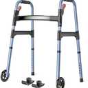 HOMLAND Folding Walkers for Seniors with Wheels, Lightweight Rolling Walker, Height Adjustable Standard Walker with Aluminum Frame, Blue