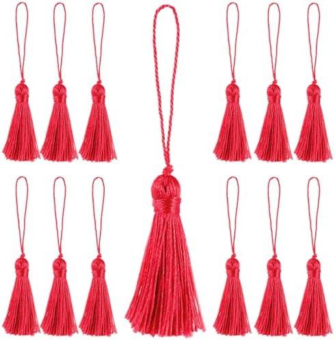 Fenghuangwu 48pcs 3.75inch Mini Bookmark Tassels Handmade Keychain Tassel Silky Floss Craft Tassel for Jewelry Making,Tags,DIY Accessory(red)