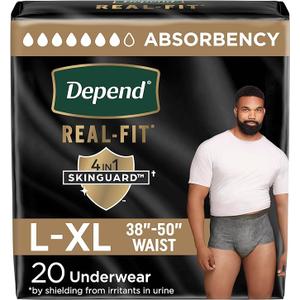 Depend Real Fit Adult Diapers, Incontinence Underwear for Men, Disposable, Maximum Absorbency, Large/Extra Large, Grey, 20 Count, 