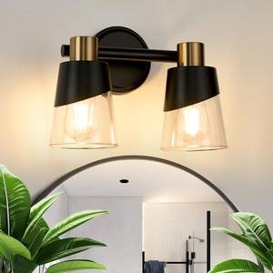 AMRUIPO Bathroom Vanity Light Modern Black Bathroom Light Fixture Over Mirror with Glass Lampshade for Kitchen Hallway 2 Lights