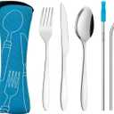 Travel Utensils Set with Case 4 Pack, Reusable Stainless Steel Portable Cutlery (Fork, Spoon, Knife, Straws & Cleaner) for Work, Dorm, Camping, Lunch Box, Compact Durable Silverware by Ecoberi (Turq)