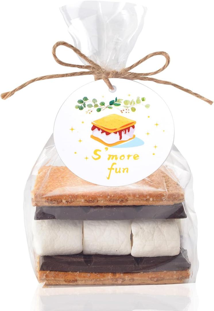 WANGDEFA 100 pcs S'more fun bags set bottom gusset bags clear cello cellophane with S'mores fun tags and twine for baked goods