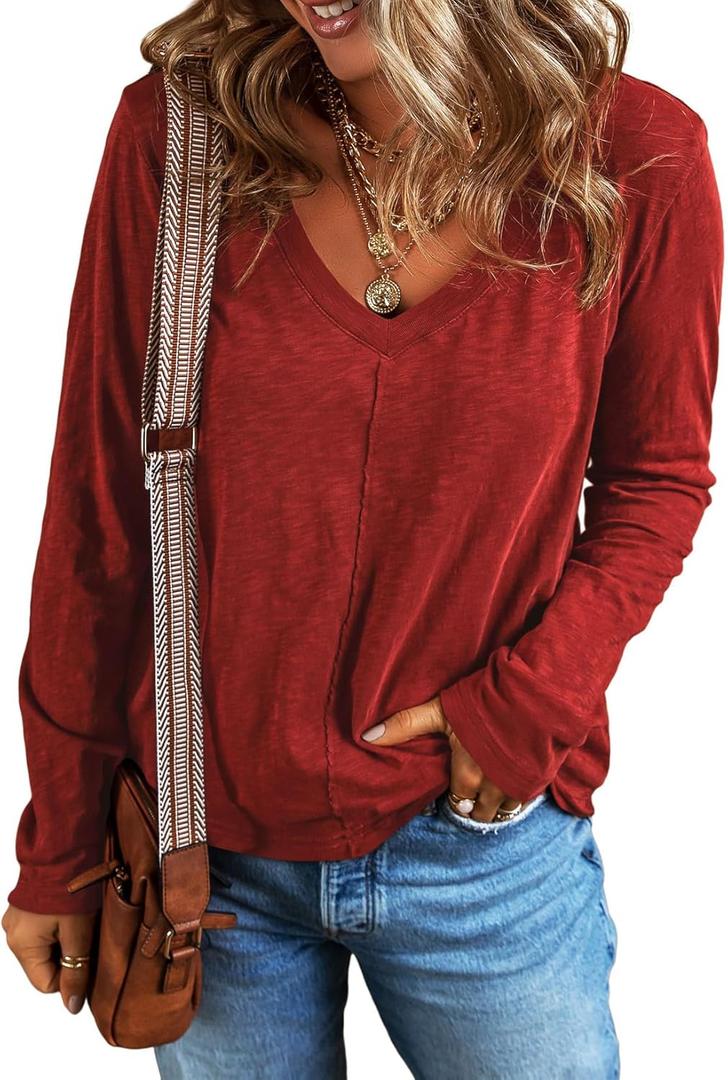 EVALESS Womens Tops Fashion V Neck Long Sleeve Shirts Casual Fall Outfits Basic T Shirts Blouses Top Women's Clothing (Large, 00 Red)