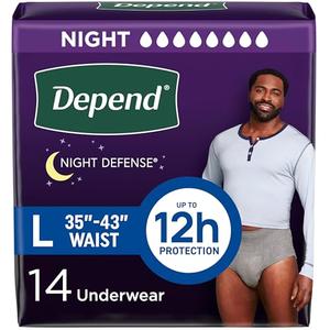Depend Night Defense Adult Diapers, Incontinence Underwear for Men, Disposable, Overnight, Large, Grey, 14 Count, Packaging May Vary L/G Depend Night Defense Adult Diapers, Incontinence Underwear for Men, Disposable, Overnight, Large, Grey, 14 Count, Packaging May Vary L/G